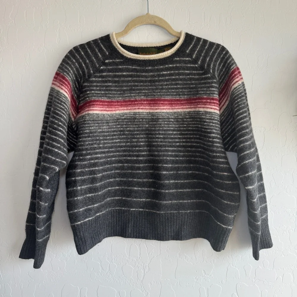 Vintage Timberland Weathergear Sweater XL Merino Wool Cotton Striped Grey 90s